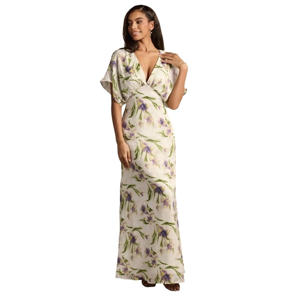 Azazie Atelier Mara Tulip Print White Purple Iris Maxi Dress V-Neck‎ Size 18 NWT